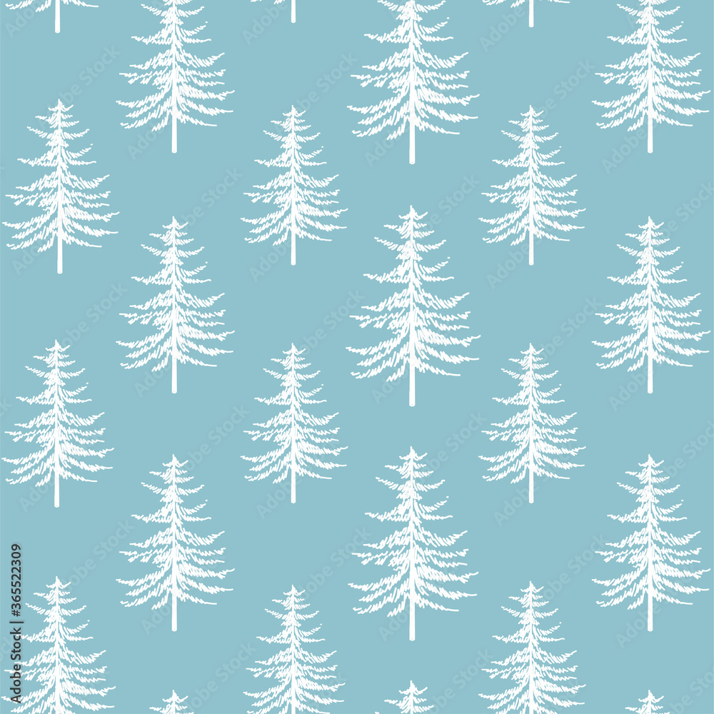 Christmas tree seamless pattern. Noel watercolor print, New year winter holiday decoration, blue christmas background with firs and white snow, wallpaper, wrapping paper design