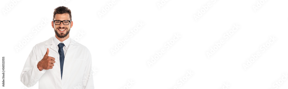 Panoramic orientation of positive doctor showing like gesture isolated on white Panoramic orientation of positive doctor showing like gesture isolated on white