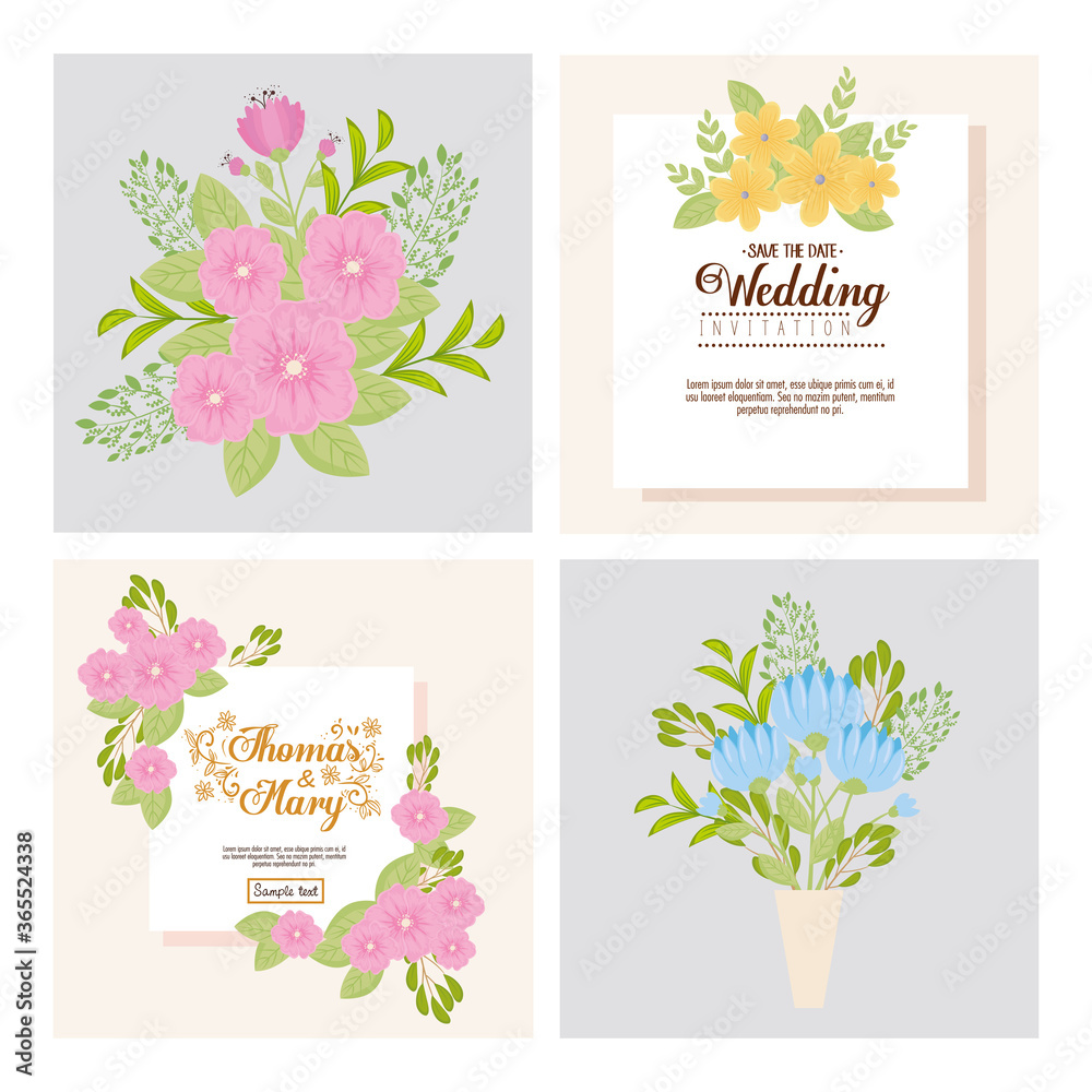 Wedding invitations set with flowers and leaves design, Save the date and engagement theme Vector illustration
