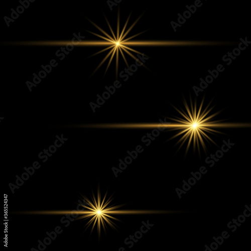 Set of flashes, Lights and Sparkles on a transparent background. Bright gold flashes and glares