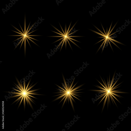 Set of bright Star. Yellow glowing light explodes on a transparent background.