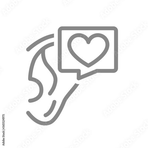 Ear with heart in speech bubble line icon. Healthy organ of hearing symbol