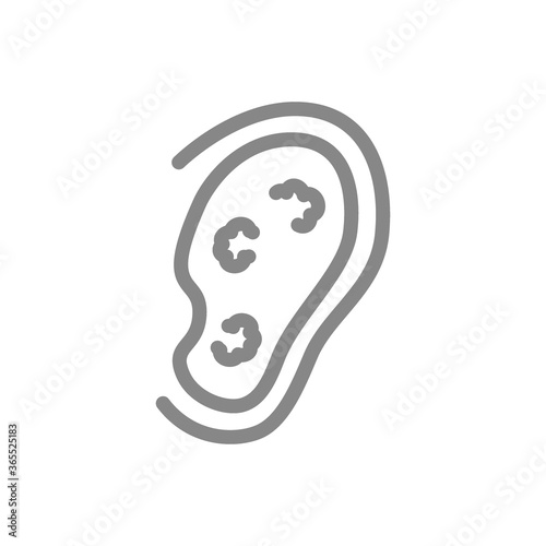 Ear with tumors line icon. Cancer of the outer ear, disease hearing organ, otitis symbol
