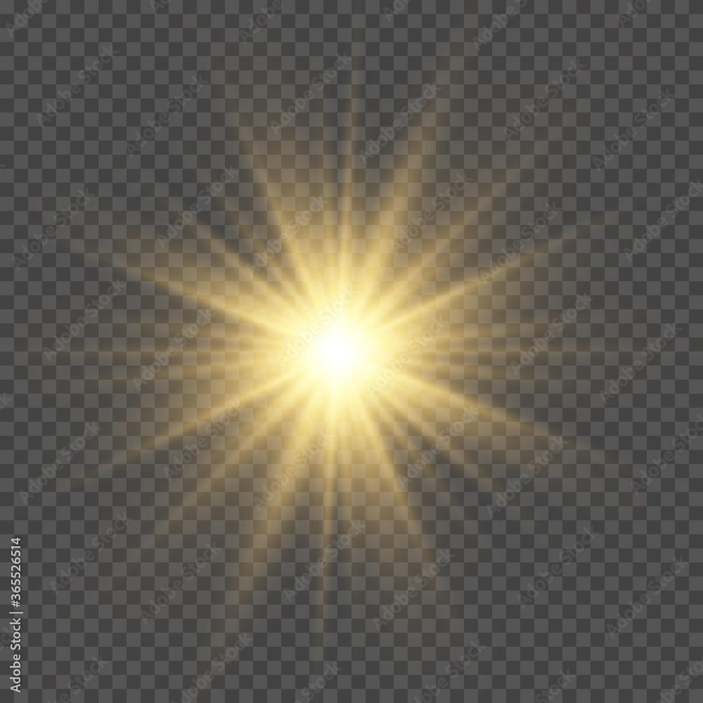 Ταπετσαρία Yellow sun with rays and glow on transparent like background.