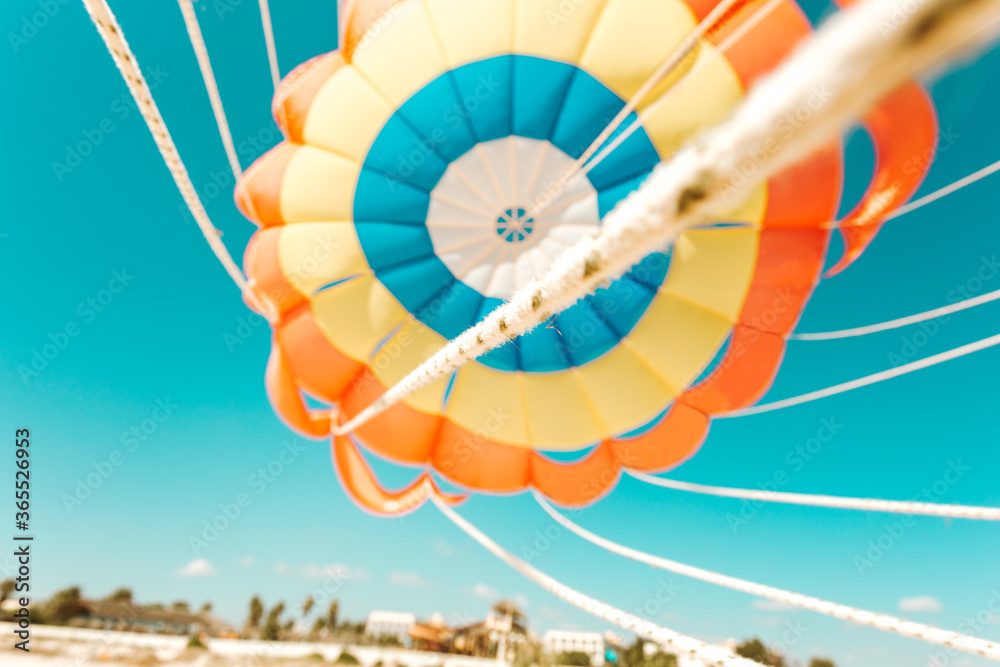 Fototapeta premium Parachute parasailing of tourists on a sandy beach Sunny weather against the background of clear sea and ocean.The wind blows up the canopy of the parachute against a clear blue sky with clouds
