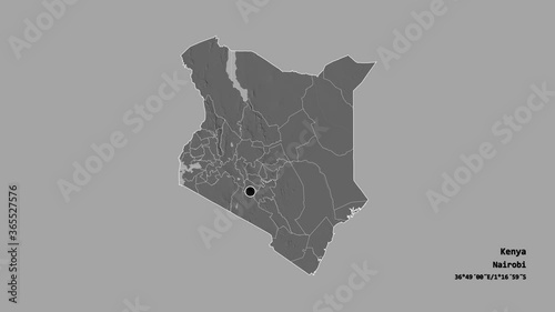 Trans Nzoia, county of Kenya, with its capital, localized, outlined and zoomed with informative overlays on a bilevel map in the Stereographic projection. Animation 3D photo