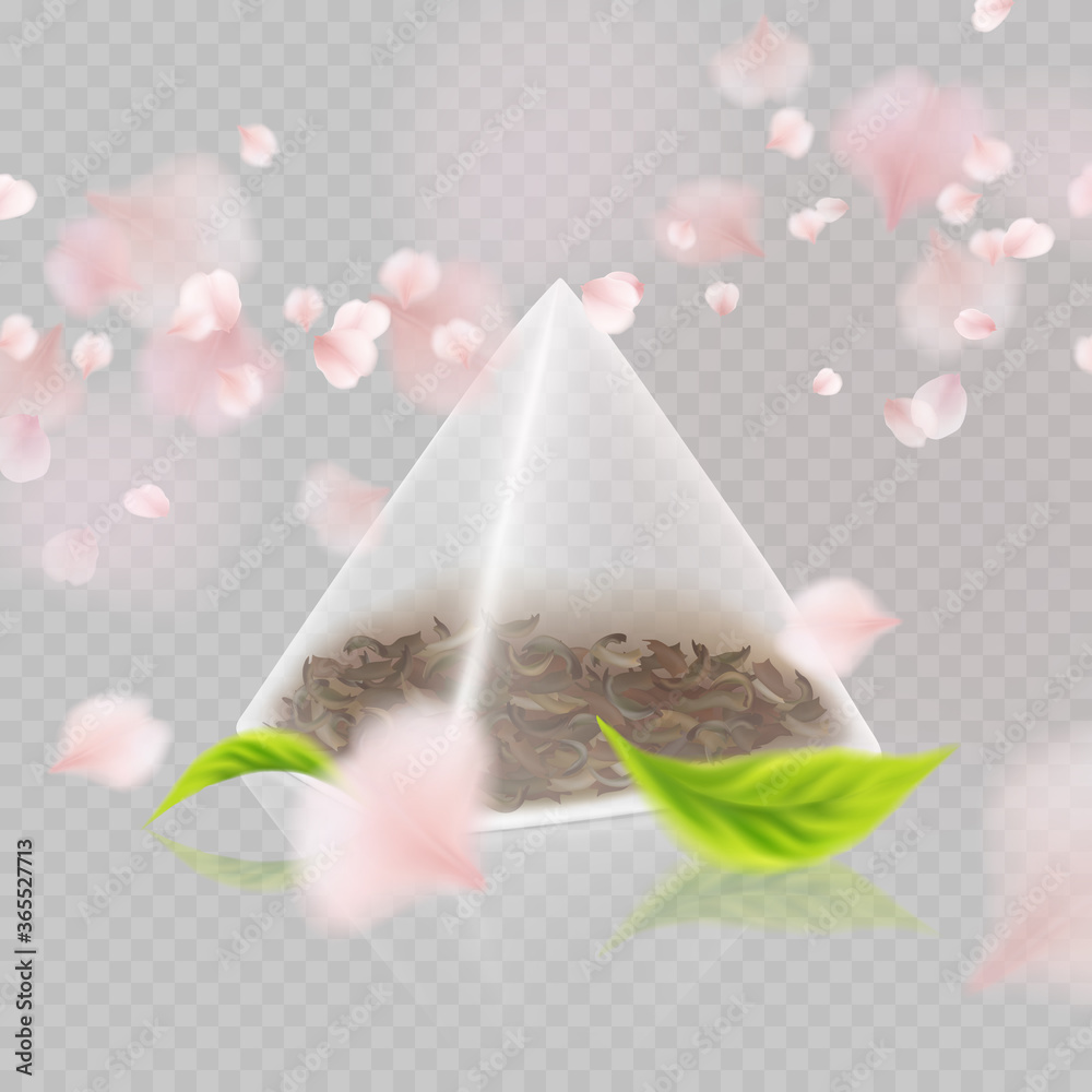 Tea bag pyramid shape isolated on transparent background. Vector 3d triangle teabag with green leaves and petals