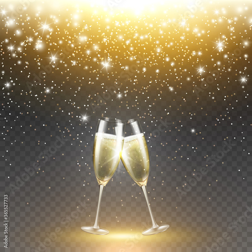 Gold glitter texture and white glowing lights effect with confetti. Vector glasses of champagne isolated on magic transparent background for Christmas or New Year greeting card design