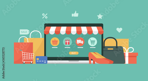 online shopping concept on laptop screen, digital store, e-commerce with shopping cart and goods, vector flat graphic illustration