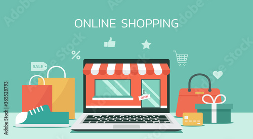 online shopping store or e-commerce concept on laptop computer, e-shop with goods, vector flat illustration