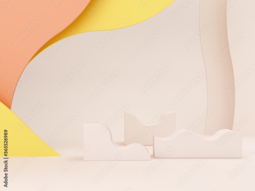 3d illustration. Minimal rendering scene with podium and abstract background. Geometric shapes. Cream, orange, yellow, pastel colors. Scene with curved background for cosmetic product. 3d illustration. Minimal rendering scene with podium and abstract background. Geometric shapes. Cream, orange, yellow, pastel colors. Scene with curved background for cosmetic product.