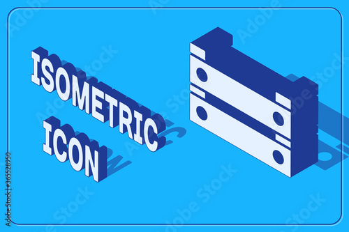 Isometric Wooden box icon isolated on blue background. Grocery basket, storehouse crate. Empty wooden container for vegetables, products. Vector.
