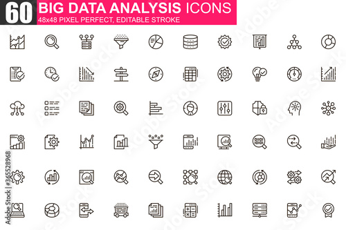 Big data analysis thin line icon set. Data processing outline pictograms for website and mobile app GUI. Digital analytics simple UI, UX vector icons. 48x48 pixel perfect linear pictogram pack.