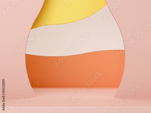 3d illustration. Minimal rendering scene with podium and abstract background. Geometric shapes. Cream, orange, yellow, pastel colors. Scene with curved background for cosmetic product.