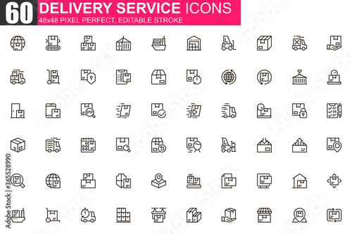 Delivery service thin line icon set. Logistics and shipping outline pictograms for website and mobile app GUI. Express delivery simple UI, UX vector icons. 48x48 pixel perfect linear pictogram pack.