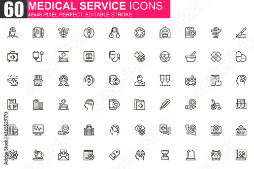 Medical service thin line icon set. Online consultation outline pictograms for website and mobile app GUI. Diagnosis and treatment simple UI, UX vector icons. 48x48 pixel perfect linear pictogram pack