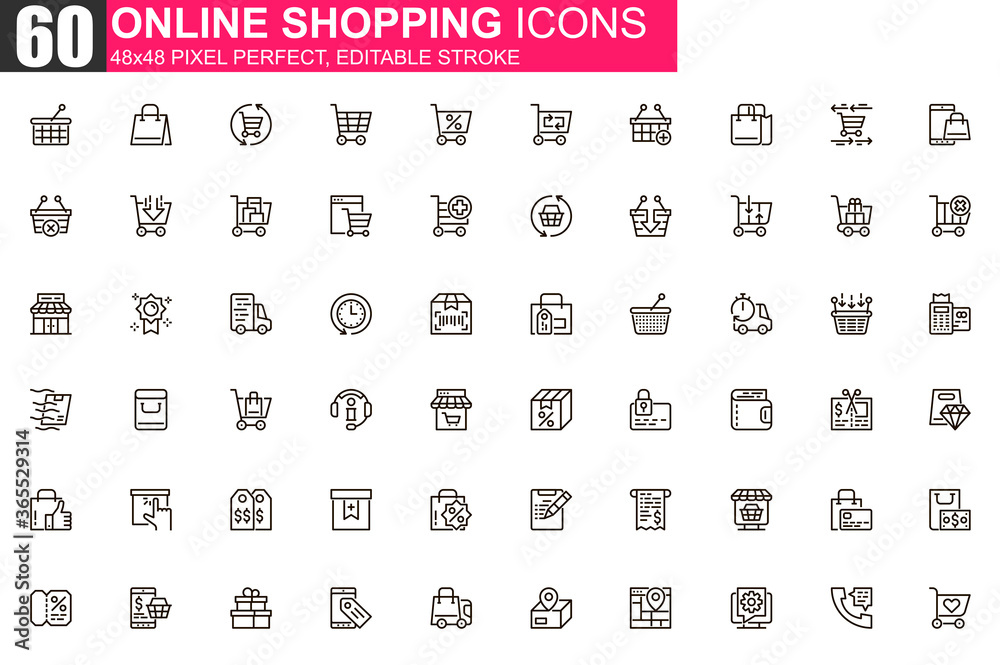 Online shopping thin line icon set. Internet marketplace outline pictograms for website and mobile app. Online order and delivery simple UI, UX vector icons. 48x48 pixel perfect linear pictogram pack.