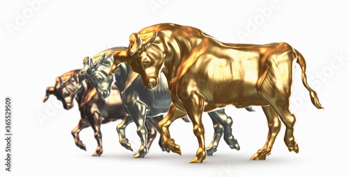 Ox statue  gold bull. Stock market consept  3d render illustration  golden decoration.