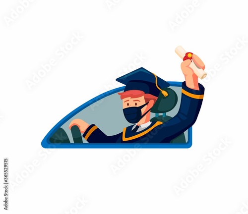 graduation celebrate with riding car in new normal after pandemic. concept cartoon illustration vector on white background 