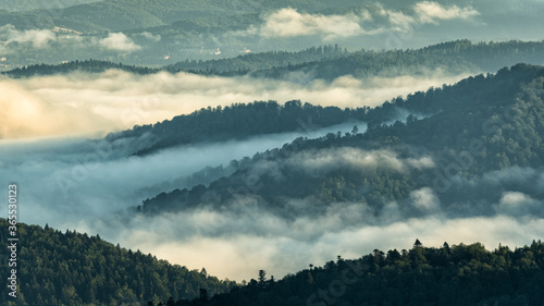 Fototapeta Naklejka Na Ścianę i Meble -  A hazy sunrise in the mountains. Mountains silhouettes and fog in the valleys. Photo from Polonina Wetlinska. Bieszczady National Park. Carpathians. Poland.