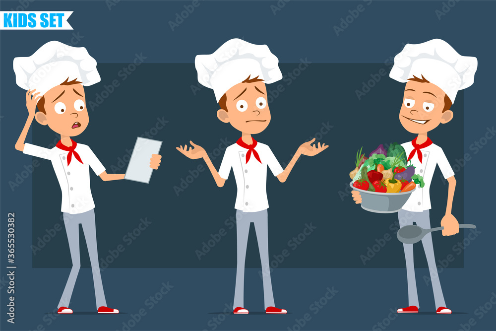 Cartoon flat funny little chef cook boy character in white uniform and baker hat. Kid reading note and holding spoon with vegetables. Ready for animation. Isolated on blue background. Vector set. Cartoon flat funny little chef cook boy character in white uniform and baker hat. Kid reading note and holding spoon with vegetables. Ready for animation. Isolated on blue background. Vector set.