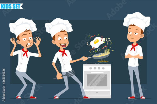 Cartoon flat funny little chef cook boy character in white uniform and baker hat. Kid scared and cooking fried egg with bacon. Ready for animation. Isolated on blue background. Vector set.