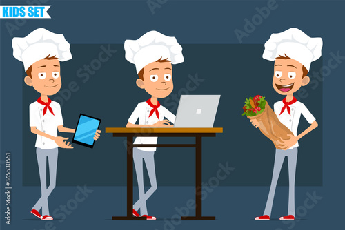Cartoon flat funny little chef cook boy character in white uniform and baker hat. Kid working on laptop and carrying kebab shawarma. Ready for animation. Isolated on blue background. Vector set.