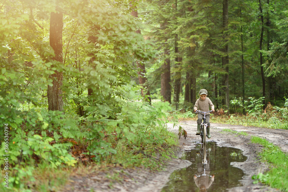 Obraz premium 5 years old boy is having fun in the forest. The active child is riding a bicycle. Active recreation.