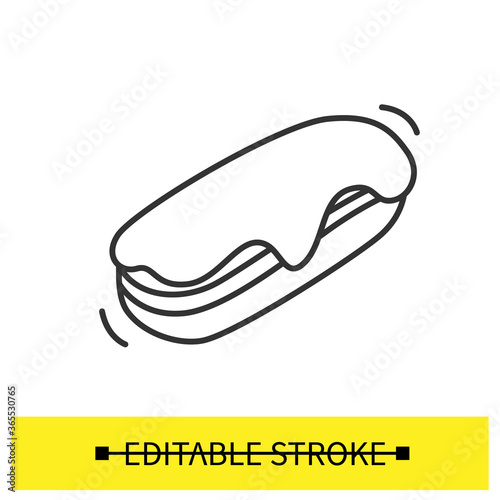 Long donut icon. Sugar glazed vanilla cream filled french eclair linear pictogram. Concept of puff pastry, sweet treats and doughnut baking. Editable stroke vector illustration for recipe