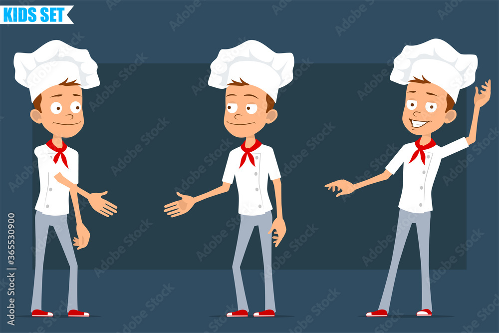 Cartoon flat funny little chef cook boy character in white uniform and baker hat. Kid shaking hands and showing hello gesture. Ready for animation. Isolated on blue background. Vector set. Cartoon flat funny little chef cook boy character in white uniform and baker hat. Kid shaking hands and showing hello gesture. Ready for animation. Isolated on blue background. Vector set.