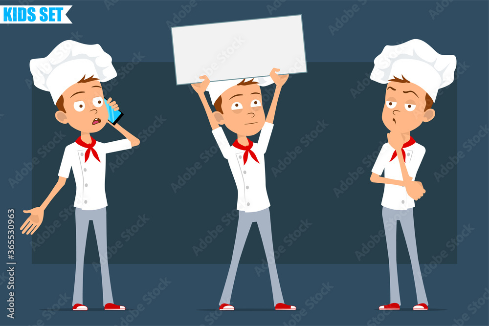 Cartoon flat funny little chef cook boy character in white uniform and baker hat. Kid holding blank sign, thinking and talking on phone. Ready for animation. Isolated on blue background. Vector set.