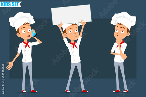 Cartoon flat funny little chef cook boy character in white uniform and baker hat. Kid holding blank sign, thinking and talking on phone. Ready for animation. Isolated on blue background. Vector set.
