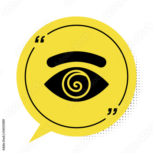 Black Hypnosis icon isolated on white background. Human eye with spiral hypnotic iris. Yellow speech bubble symbol. Vector.