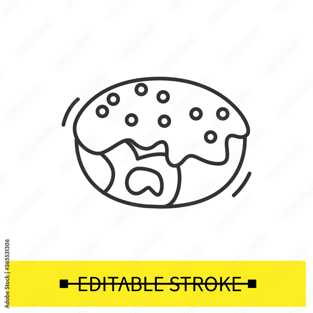 Filled donut icon. Sugar gaze coated cream or jam filled fresh and tasty doughnut line pictogram. Concept of tasty dessert and appetizing home backed pastry. Editable stroke vector recipe illustration Filled donut icon. Sugar gaze coated cream or jam filled fresh and tasty doughnut line pictogram. Concept of tasty dessert and appetizing home backed pastry. Editable stroke vector recipe illustration