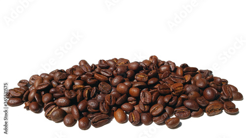 Coffee beans. Isolated on a white background. Close up of coffee beans. Coffee with free space on top. Coffee beans designer template.