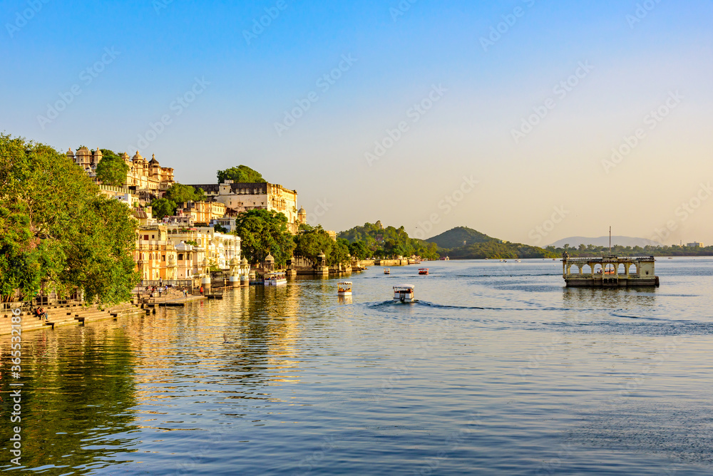 Panoramic view of city of lakes Udaipur with lake Pichola from Ambrai ghat,Rajasthan, India.