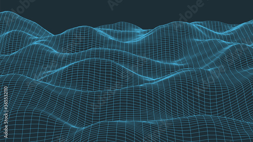 Wireframe landscape background. Digital landscape for presentations. Cyberspace grid. Vector illustration.