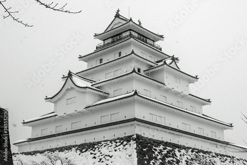 Tsuruga Castle in black and white photo