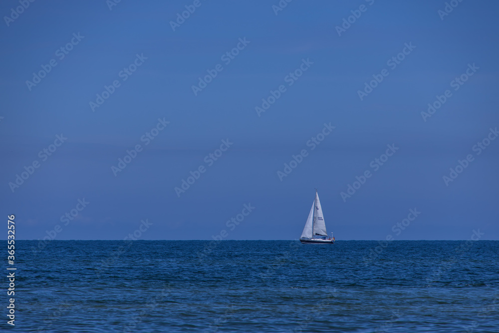 summer landscape from the Baltic Sea with blue water and sky and a white sailboat