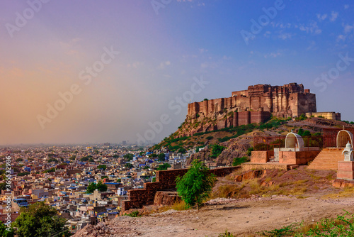 Mehrangarh Fort built around year 1460 by King Rao Jodha is one of the largest forts in India.It is enclosed by imposing thick walls located  410 feet above the city  in Jodhpur, Rajasthan. © anjali04