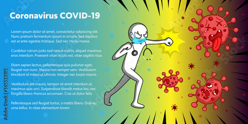 Vector COVID-19 virus epidemic protective and medical fight disease control as a doctor wearing a medical mask for fighting virus concept infographic. Space illustration for text business artwork.