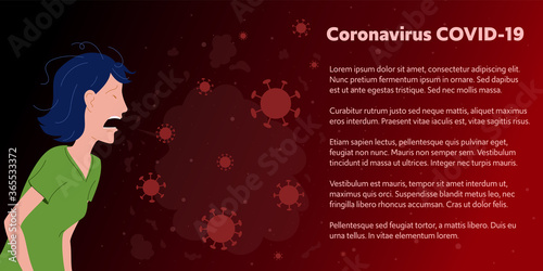 Vector COVID-19 virus microbiology illustration.Woman sneezing with spray and small drops.Drooling from sneezing not properly protected and unhygienic causes the coronavirus to spread.Space for text.