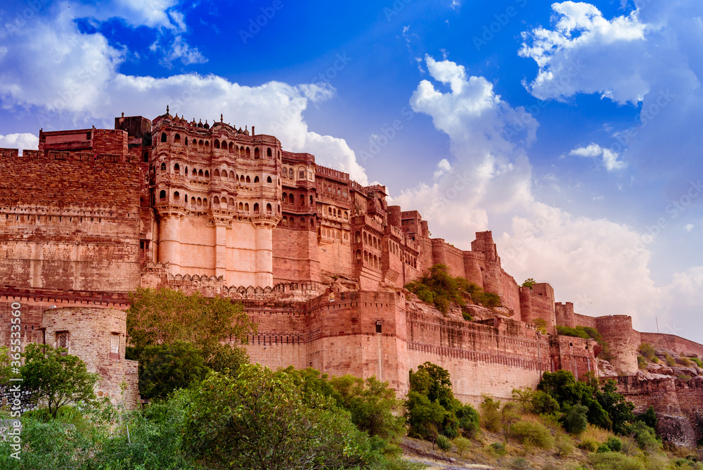 Mehrangarh Fort built around year 1460 by King Rao Jodha is one of the largest forts in India.It is enclosed by imposing thick walls located  410 feet above the city  in Jodhpur, Rajasthan.