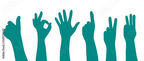 Hands signs, gestures and finger movements set silhouette vector illustration in blue color on a white background. Like hand, ok fingers