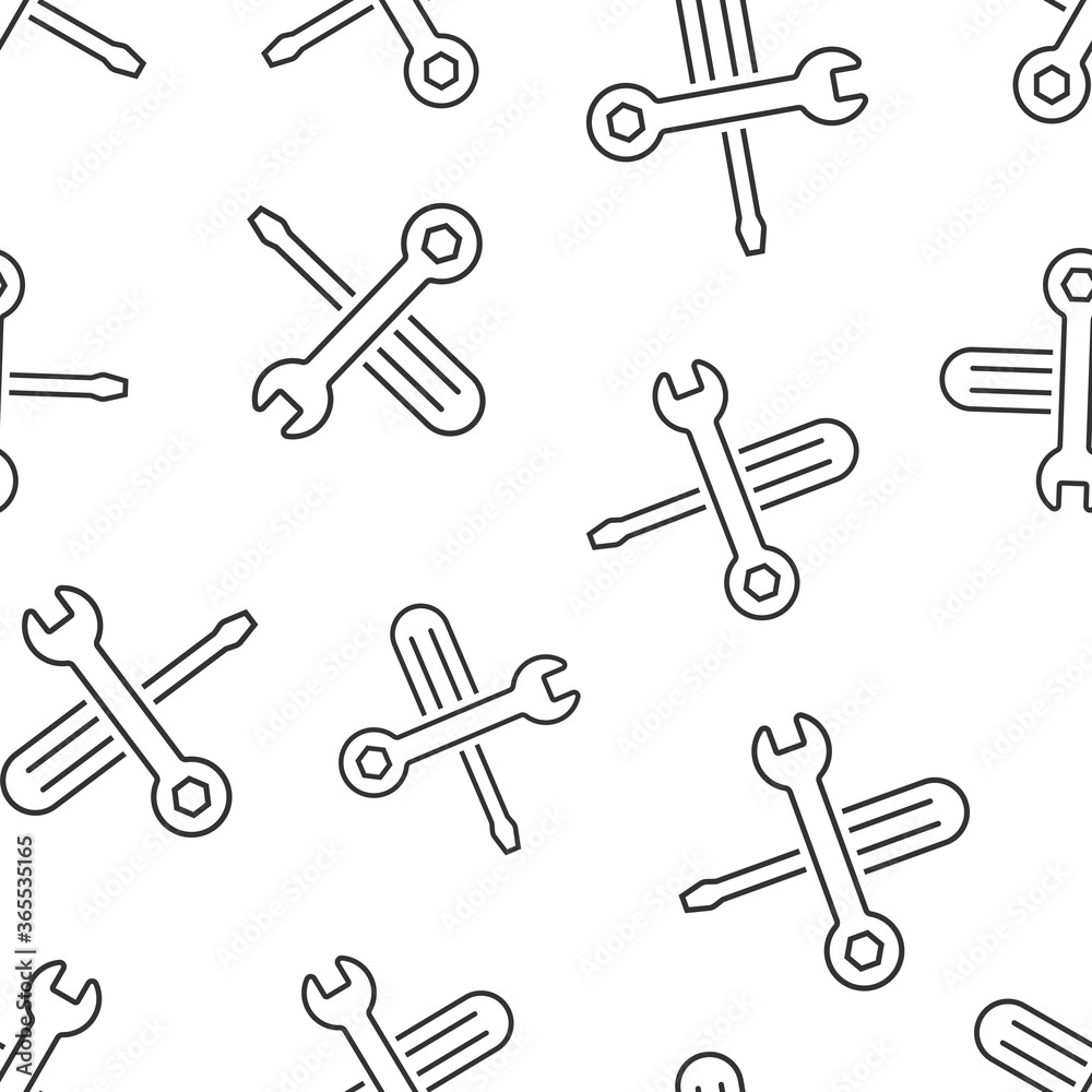 Wrench and screwdriver icon in flat style. Spanner key vector illustration on white isolated background. Repair equipment seamless pattern business concept. Wrench and screwdriver icon in flat style. Spanner key vector illustration on white isolated background. Repair equipment seamless pattern business concept.