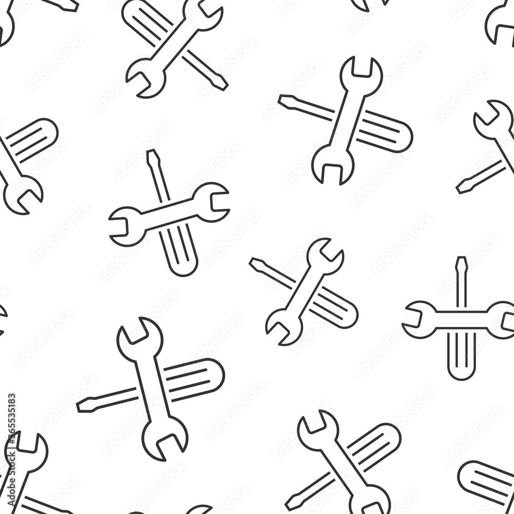 Wrench and screwdriver icon in flat style. Spanner key vector illustration on white isolated background. Repair equipment seamless pattern business concept.
