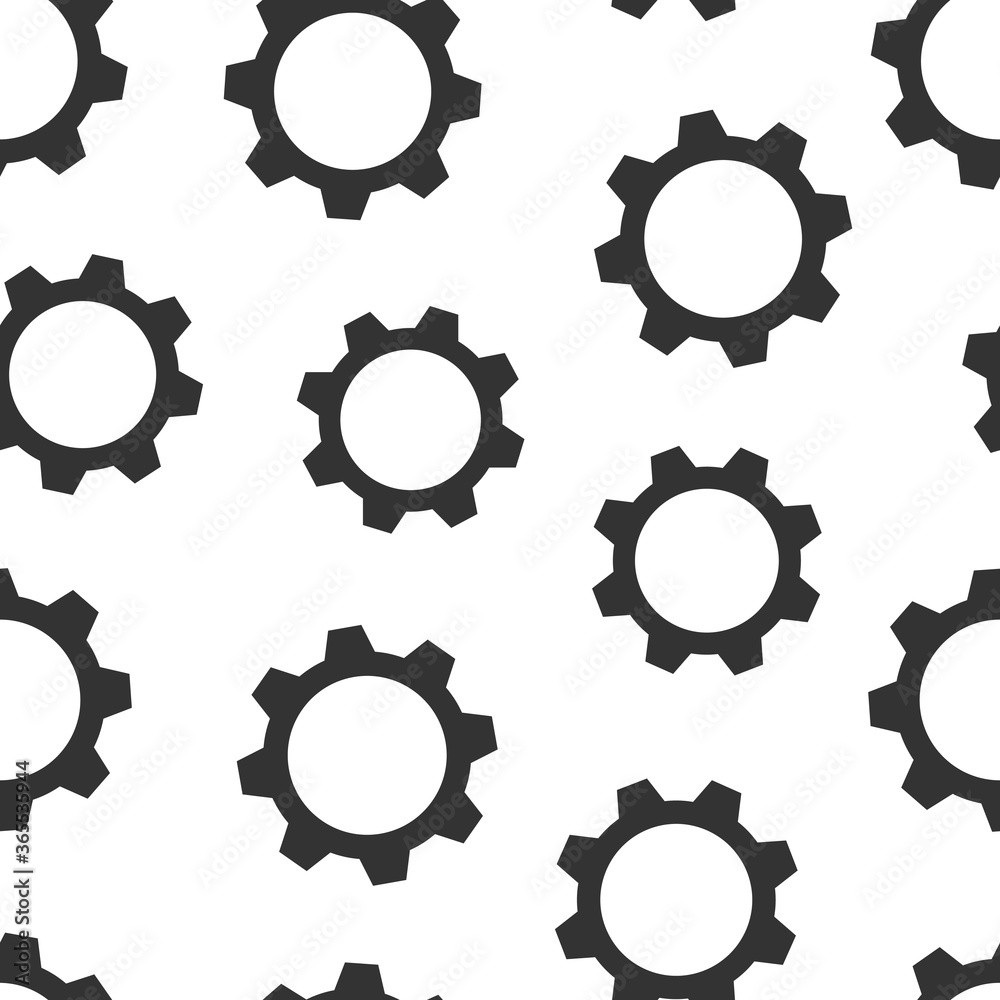 Gear vector icon in flat style. Cog wheel illustration on white isolated background. Gearwheel cogwheel seamless pattern business concept.