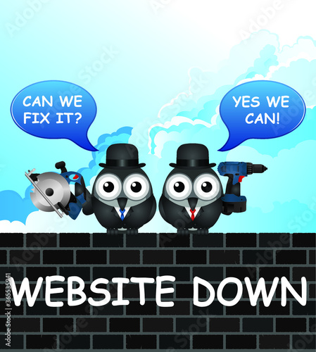 Comical website down with bird IT engineers perched on a brick wall ready to fix the problem with power tools set against a blue cloudy sky background