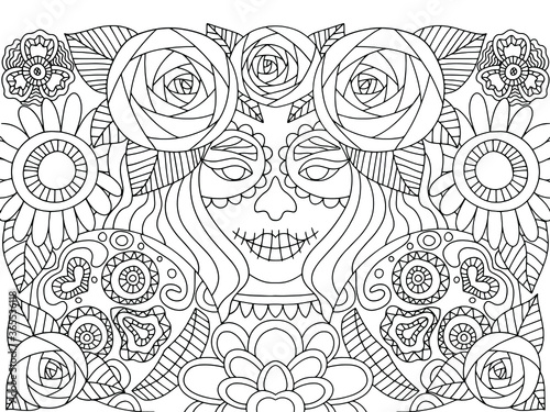 Day of the dead black and white stock vector illustration illustration. Woman, skulls and flowers coloring book pagefor kids and adults. Traditional mexican holiday make up girl and floral decoration.