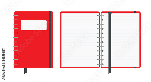 Red color notebook, closed and open, isolated on white background. School vector background with open notebook.